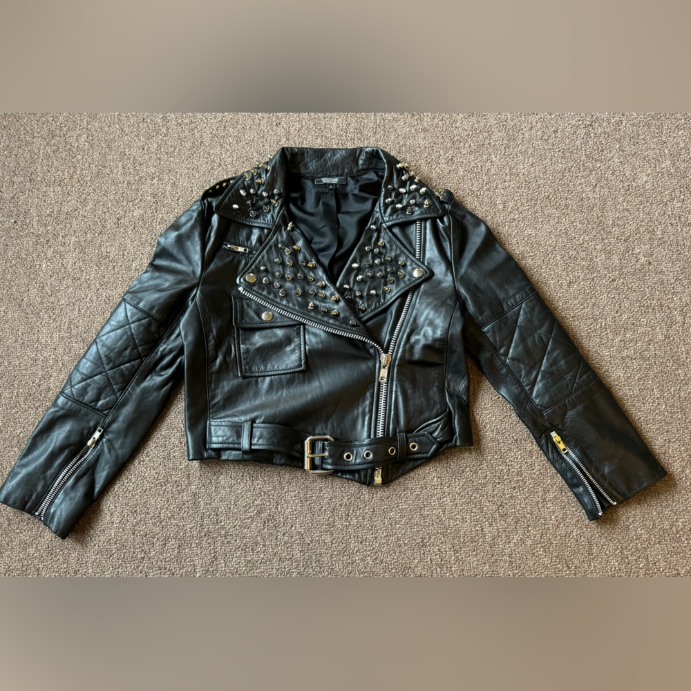Simone by Katie Nehra Black Studded Spiked Leather Biker Motorcycle crop Jacket